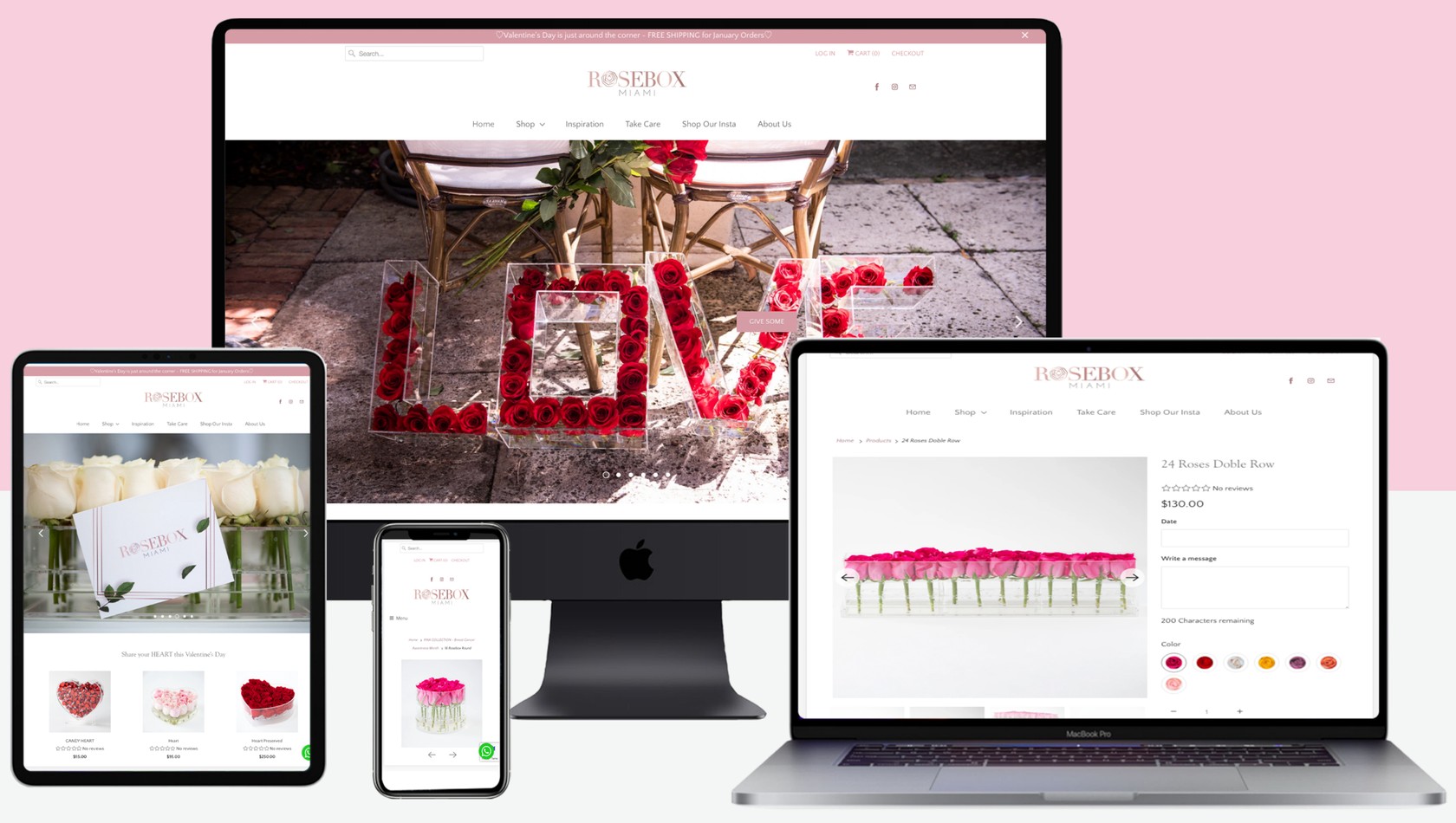 Tienda de Rosebox Miami en escritorio, laptop, tablet y celular